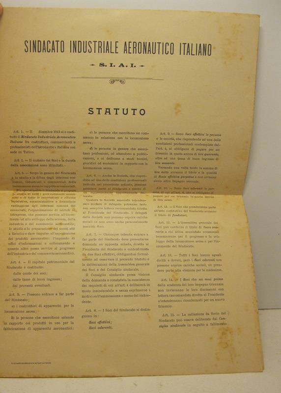 Sindacato industriale aeronautico italiano. S. I. A. I. Statuto